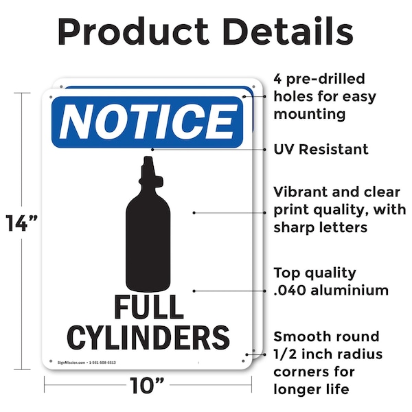 Full Cylinders OSHA Notice Sign, Aluminum, 10in W X 14in L, 2PK